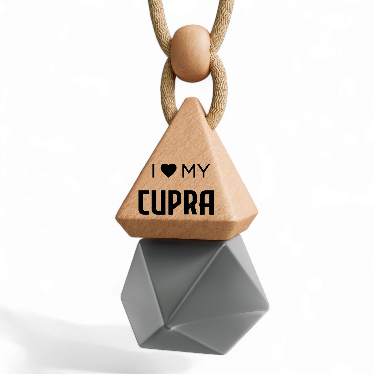 Silver glass bottle pendant of a car air freshener personalised with “ I LOVE MY CUPRA”