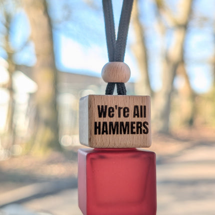 hanging or red square glass bottle engraved with-we're-all-hammmers