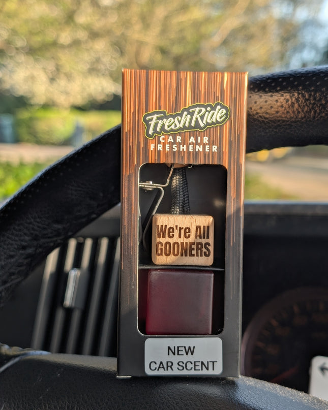 Fresh Ride We're All Gooners Arsenal car air freshener in gift box with new car scent label