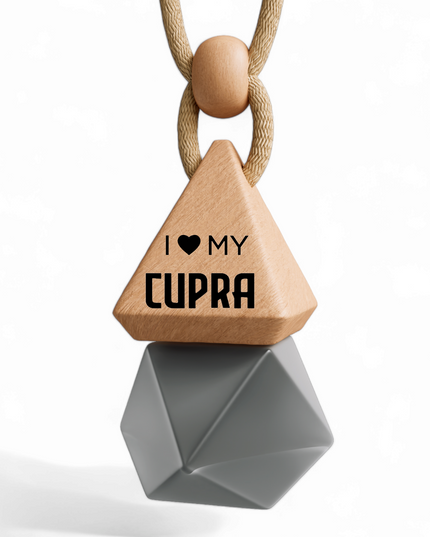 Silver glass bottle pendant of a car air freshener personalised with “ I LOVE MY CUPRA” 