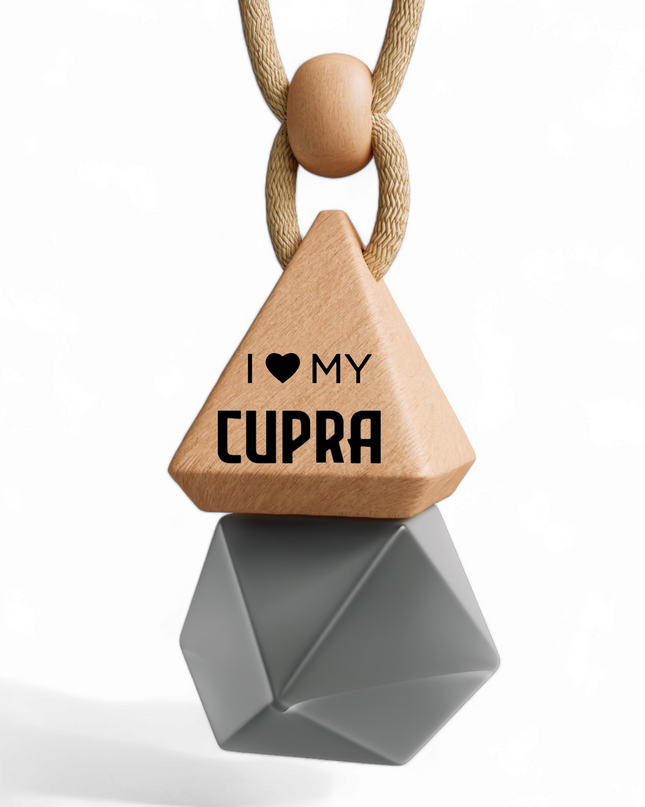 Silver glass bottle pendant of a car air freshener personalised with “ I LOVE MY CUPRA” 